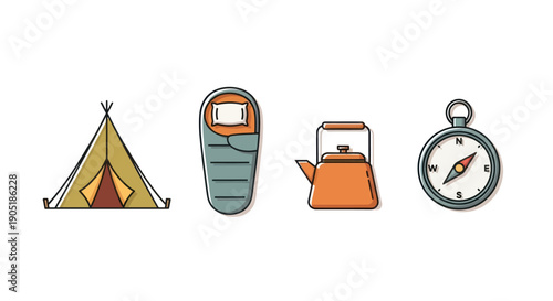 Camping Gear Icons: Tent, Sleeping Bag, Kettle, Compass - Outdoor Adventure