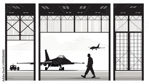 Man walks past fighter jets in a large hangar with industrial windows and metal beams