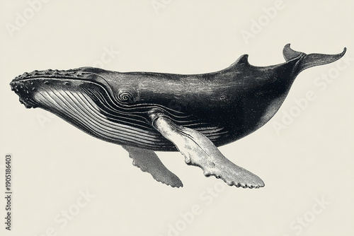 Vintage whale sketch drawing hand drawn engraving style black and white detailed illustration of large marine mammal with textured skin and flippers, showing natural beauty and grace