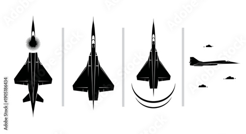 Vector fighter jet illustrations in various perspectives and motion on white background