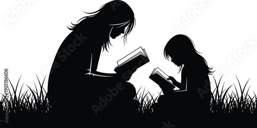 Silhouette of Mother and Daughter Sitting in Tall Grass Reading Books Together Outdoors Expressing Love Education Literacy and Parenting Bond Isolated on White Background