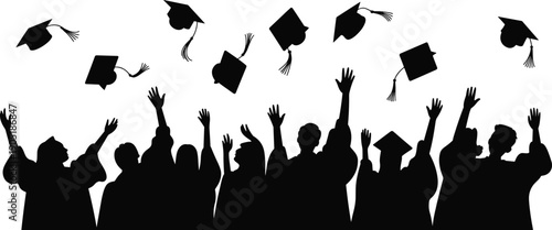 Silhouette of Diverse University Students Celebrating Graduation Ceremony Tossing Academic Caps in the Air Expressing Joy Achievement and Success Isolated on White Background