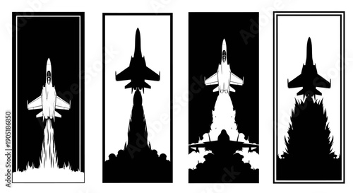 Four fighter jets in various take off stages black and white silhouette illustrations