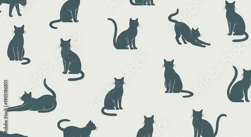 Minimalist seamless pattern with dark grey cat silhouettes on light background, elegant feline vector art