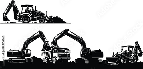 Vector Set of Heavy Construction Machinery Silhouettes Including Excavators Backhoes and Dump Trucks Working on Earthmoving Industrial Site Projects Isolated on White Background