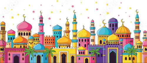 Colorful Islamic city skyline with mosques domes minarets crescent moons and palm trees isolated on white background festive cartoon vector illustration