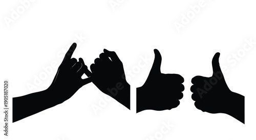 Black silhouettes of hands making gestures on white background thumbs up and okay signs