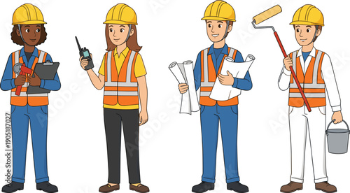 Construction worker characters wearing safety helmets and vests holding tools and blueprints isolated on white background cartoon vector illustration set
