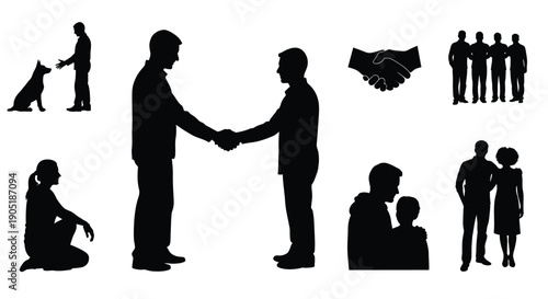 Black silhouettes of people shaking hands standing sitting and interacting in various social and professional settings with white background