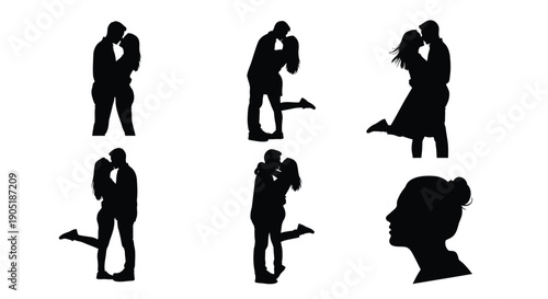 Silhouettes of romantic couples in various intimate poses love and affection relationships tender moments black icons on white background