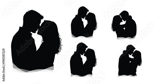 Silhouettes of romantic couples embracing and kissing in various intimate poses on white background