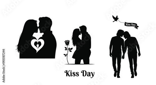 Black silhouettes of romantic couples kissing and embracing on kiss day with heart and rose symbols
