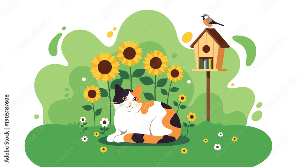 Fototapeta premium Adorable calico cat resting in a sunny garden surrounded by blooming sunflowers and a birdhouse on a green field.