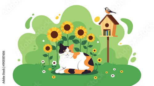 Adorable calico cat resting in a sunny garden surrounded by blooming sunflowers and a birdhouse on a green field.