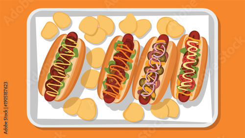 Four loaded hot dogs with different toppings served with potato chips on a white tray against an orange background.