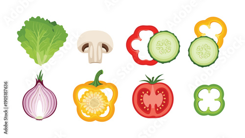 Fresh vegetable slices including lettuce, mushroom, bell pepper, cucumber, onion, and tomato isolated on white background.