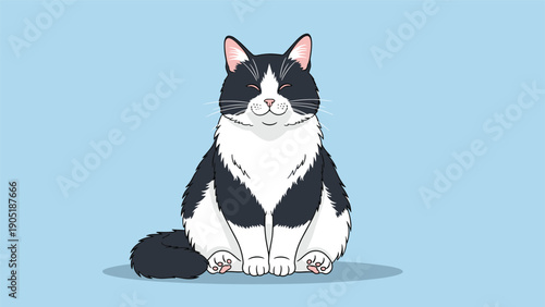 Large black and white tuxedo cat sitting contentedly with closed eyes against a solid light blue background color.