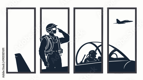 Military pilot saluting with aircraft in flight beside cockpit panels