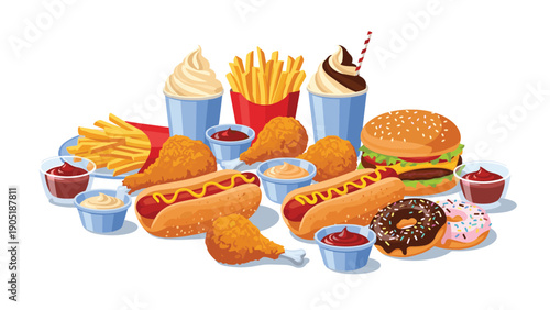 Large assortment of fast food items including burgers, hot dogs, fried chicken, donuts, and various dipping sauces.