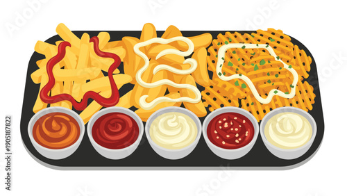 Black tray serving three types of fried potatoes with five bowls of different colorful and flavorful dipping sauces.