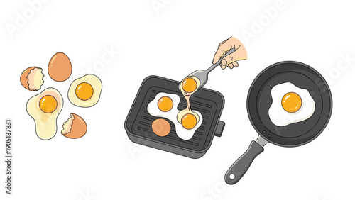 Cooking process of eggs shown through cracking, frying on a grill, and a perfectly cooked sunny side up egg in a pan.