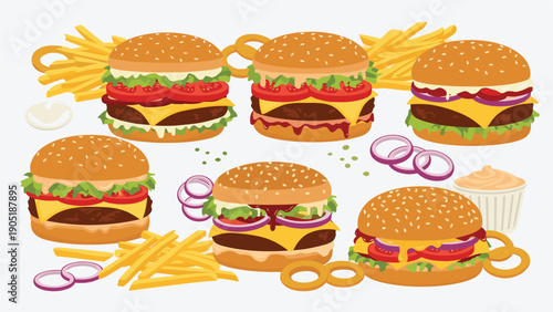 Collection of gourmet burgers with various toppings served with fries, onion rings, and colorful dipping sauces.