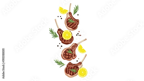 Perfectly grilled lamb chops garnished with lemon slices, fresh rosemary sprigs, and black peppercorns on white.