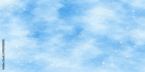 A beautiful clear blue sky background with fluffy white clouds and sunlight over natural snow creates a bright summer day atmosphere