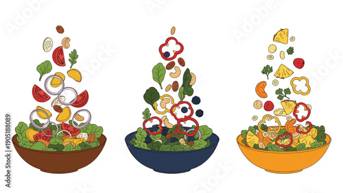 Three fresh salad bowls with flying ingredients like tomatoes, peppers, onions, and greens in a dynamic food toss.