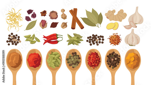 Assorted aromatic spices and herbs displayed on wooden spoons and in loose piles against a clean white background.