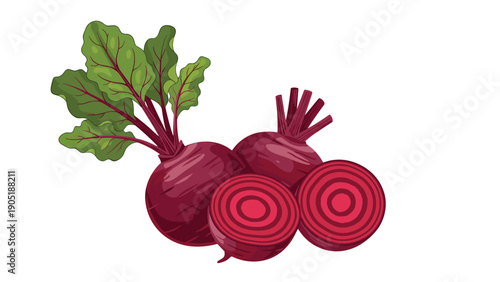 Fresh garden beets with green leaves and sliced roots showing concentric rings isolated on a plain white background.