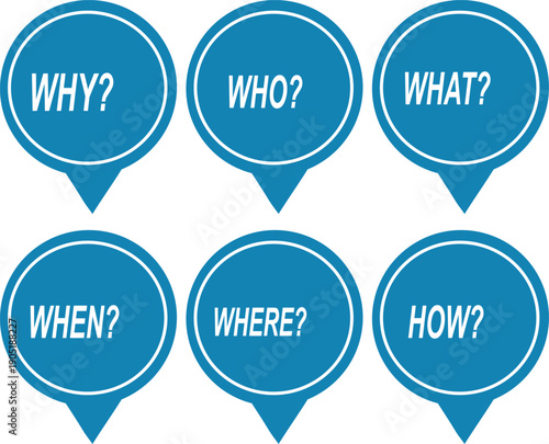 Blue Speech Bubbles with 5W1H Questions Why Who What When Where How for Business Strategy, Root Cause Analysis, Problem Solving, and Decision Making Process.