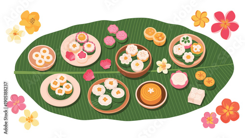 Comprehensive collection of traditional colorful Asian desserts and flowers artfully arranged on a large green banana leaf.