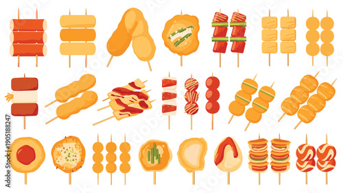 Wide variety of popular Korean street food skewers and fried snacks displayed in a colorful grid on a white surface.