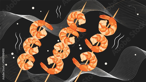 Three skewers of succulent grilled shrimp with white abstract waves and bubbles displayed on a dark black background.