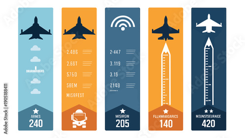 Military aircraft comparison infographic with fighter jets and missiles on colored banners