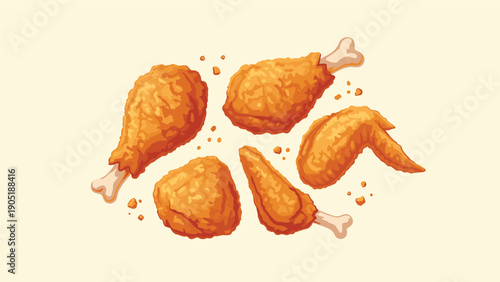 Assorted pieces of crispy golden fried chicken including drumsticks and wings arranged on a light yellow background.