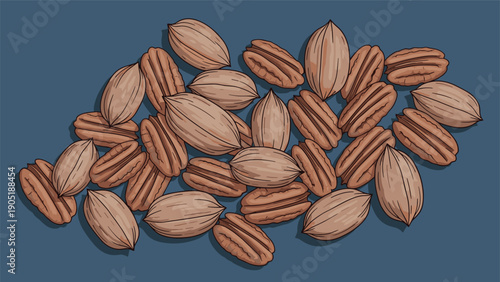 Large pile of whole and halved pecans showing rich inner texture and brown outer shells on a dark teal background.