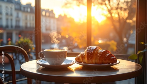 A cozy café breakfast table near a window Coffee cup, croissant, and small dessert
