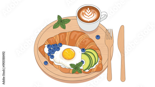 Healthy breakfast featuring a buttery croissant topped with a fried egg, avocado, and blueberries with a cup of coffee.