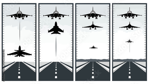 Military jets taking off from runway in motion sequence