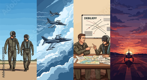 Military pilots prepare for mission with planes flying in formation at sunset