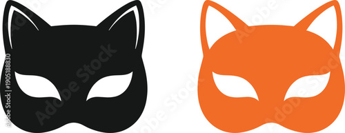 Fox mask icons set in black and orange representing mystery costume disguise and carnival masquerade concept