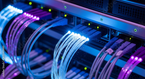 Fiber optic cables illuminated with purple and blue light in a server room, representing data transmission and connectivity