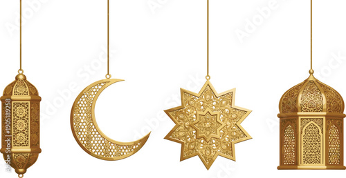 Golden Ramadan hanging ornaments with lantern crescent moon star and mosque lamp isolated on white background elegant Islamic vector illustration set