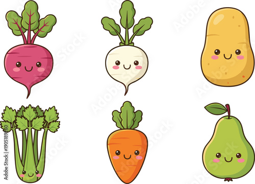 Cute vegetable and fruit characters with beet radish potato celery carrot and pear isolated on white background kawaii cartoon vector illustration set