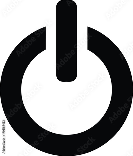 A black power button icon on a white background viewed from the front