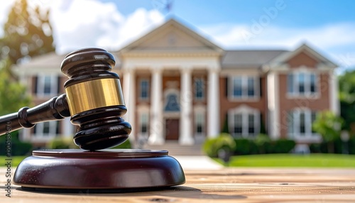 Gavel and Courthouse Building Symbolizing Justice and Law.