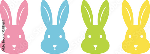 Cute colorful bunny face icons set representing Easter spring animals and playful children friendly design concept