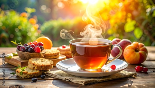 Breakfast served with a cup of hot tea